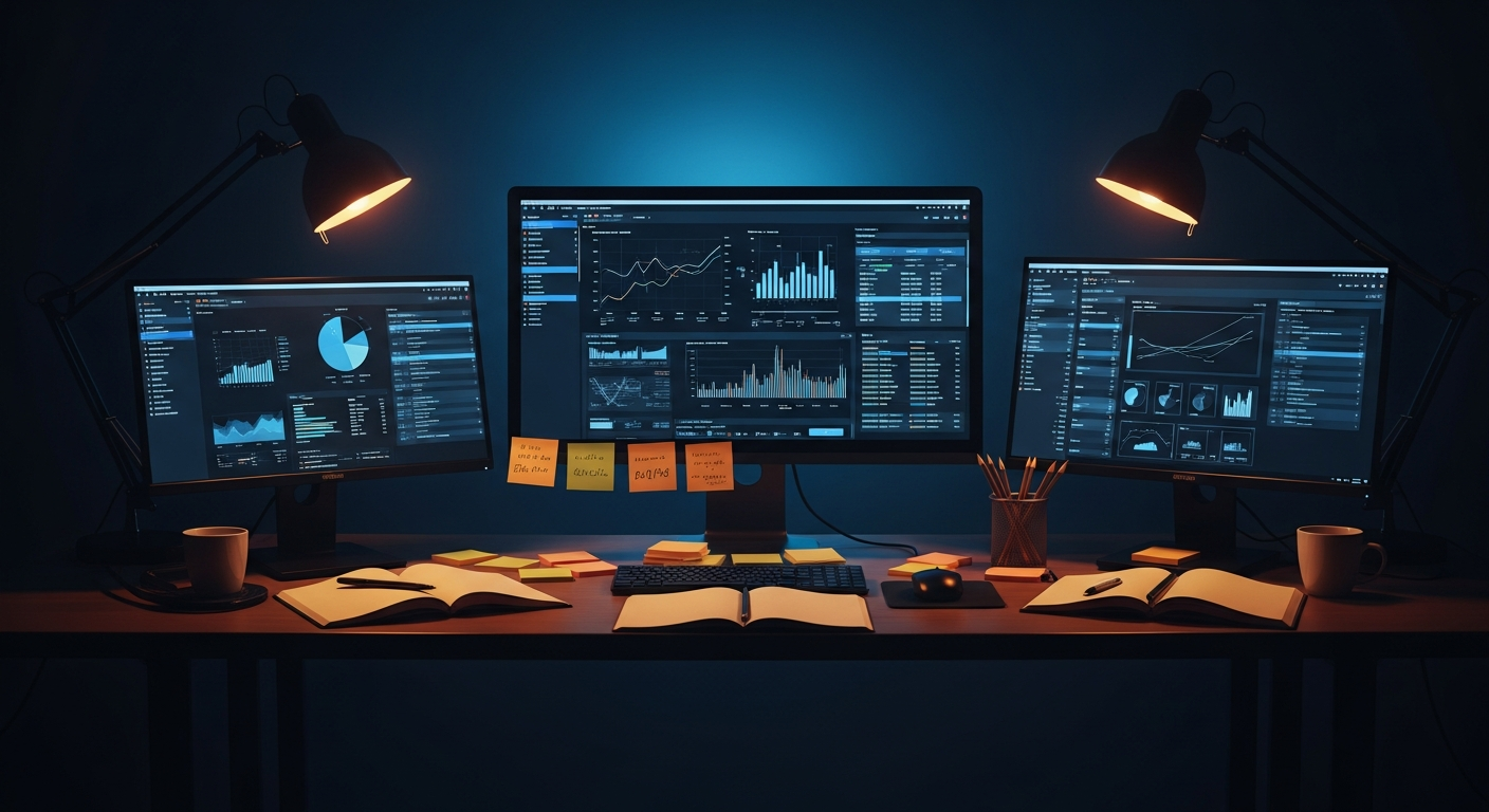 AI reporting automation - Wide shot of a desk setup with a computer monitor displaying charts and data dashboards alongside scattered sticky notes and notebooks, capturing the gap between automated output and human interpretation needed to make it actionable.