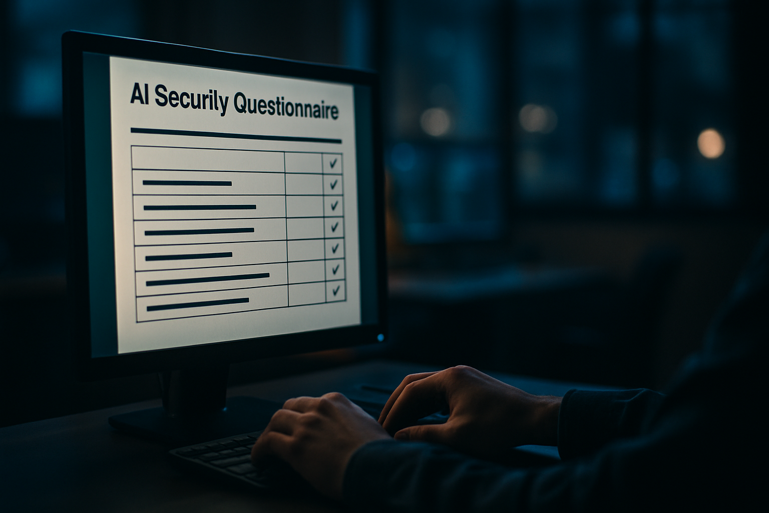 AI security questionnaire - Wide shot of a computer monitor displaying a structured document or checklist interface in a bright office environment, with a person's hands on keyboard visible at the bottom edge of frame.