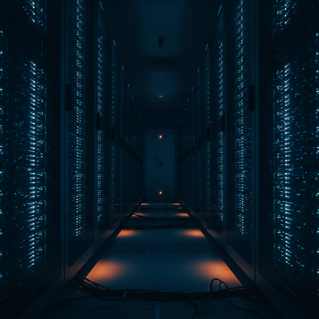 AI tools for business - Wide shot of a server room with multiple server racks and blinking lights, viewed from a low angle to convey vulnerability and scale of potential attack surface.