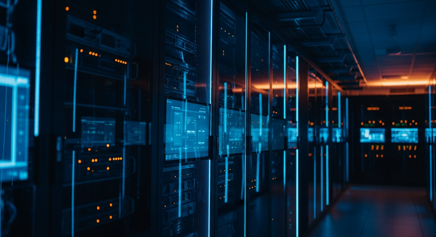 business continuity IT contract - Wide shot of a server room or data center with rows of equipment and blinking status lights, photographed at an angle to emphasize the infrastructure's scale and complexity.