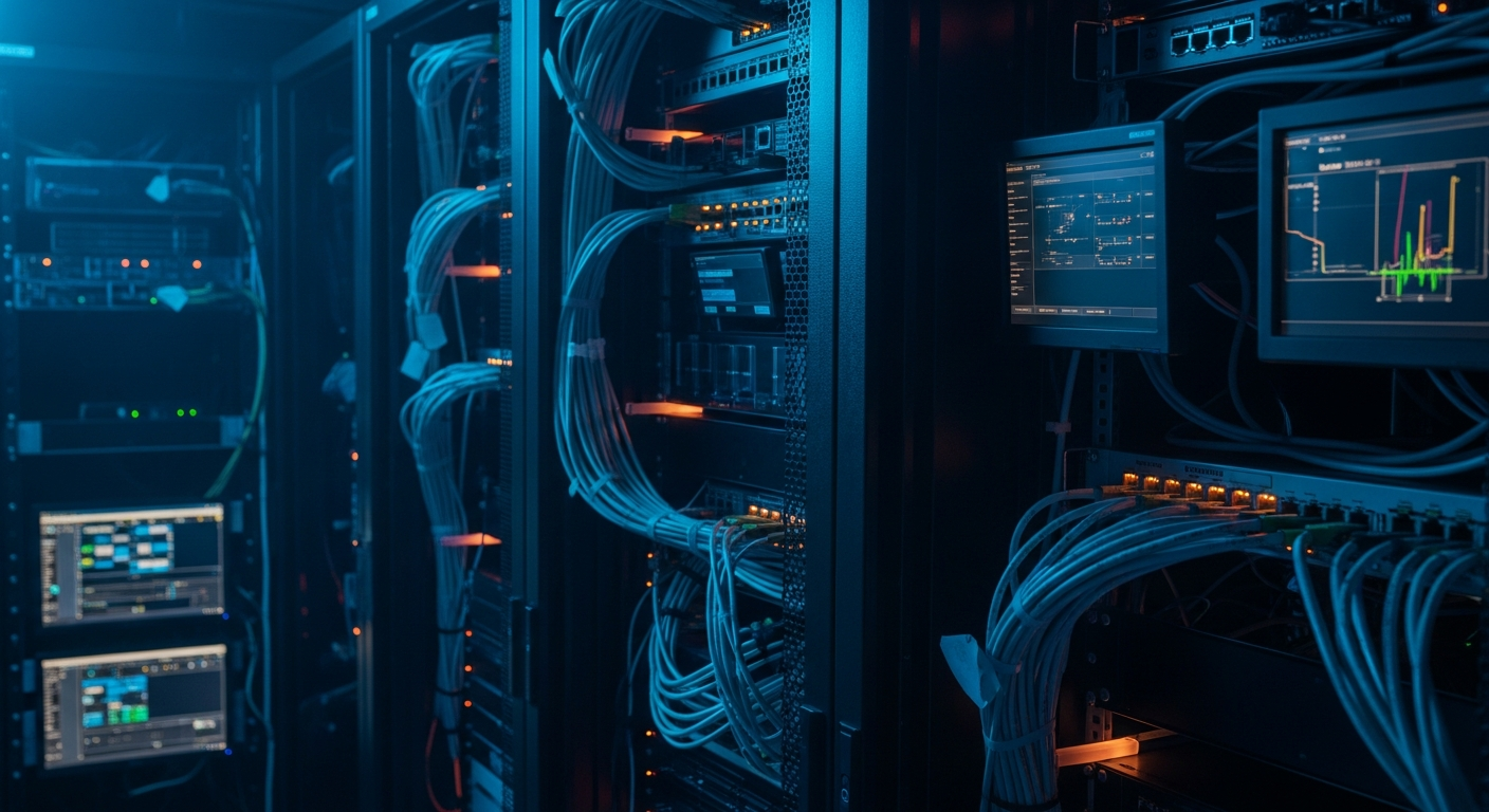 business email compromise — Wide shot of a server room with network cables and monitoring equipment, representing the IT infrastructure and email account access points where attackers establish their initial foothold.