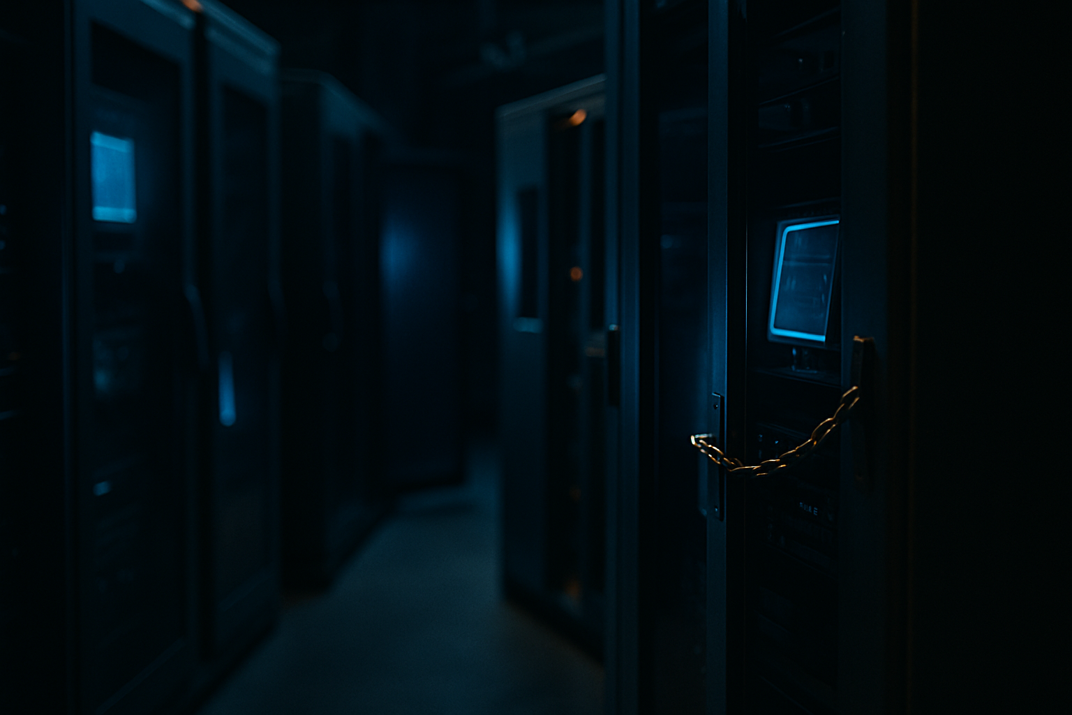chained misconfigurations - Wide shot of a server room or data center with multiple cabinet doors, some slightly ajar or open, photographed at a low angle to emphasize the repetition and interconnected nature of the infrastructure.