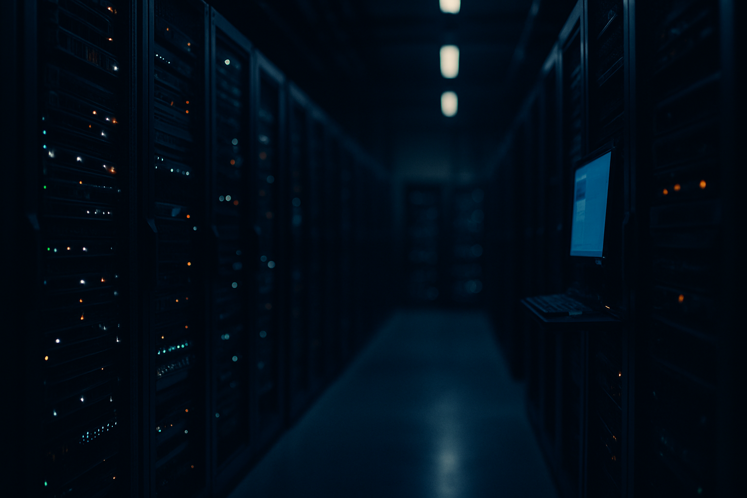 cloud identity attacks - Wide shot of a server room with rows of server racks and blinking indicator lights, photographed from a low angle to convey the infrastructure scale where cloud identity misconfigurations persist undetected.