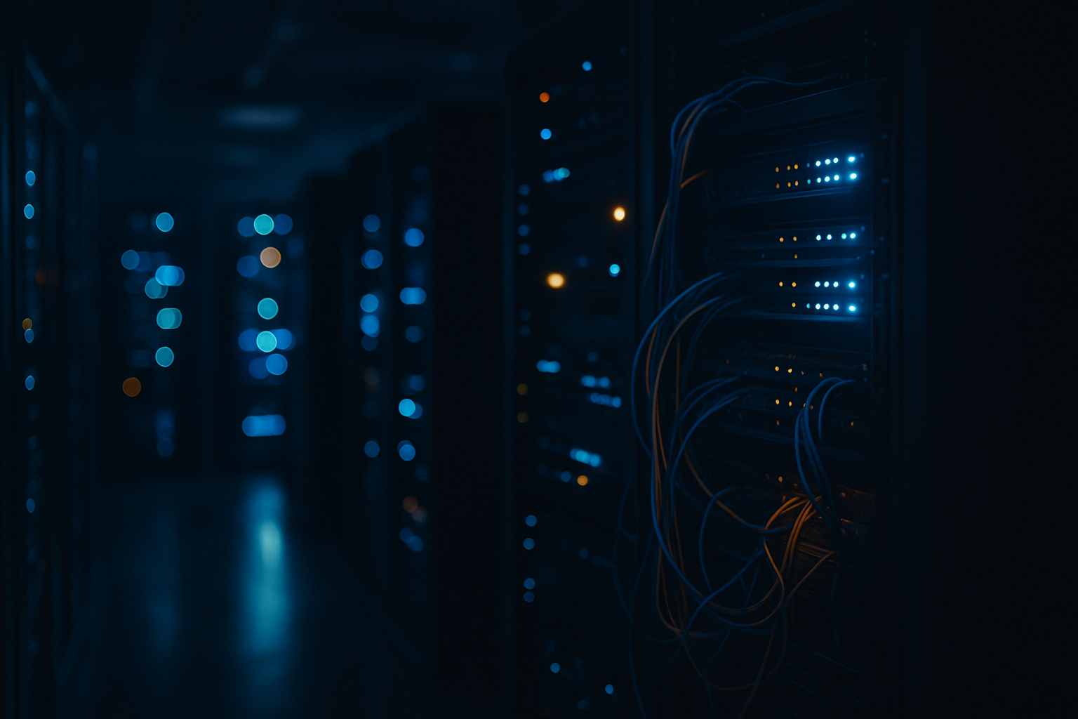 deepfake audio and video wire fraud — Wide shot of a server room with glowing network equipment and cables, bathed in cool blue light, emphasizing the technological infrastructure and data systems that bypass human perception.