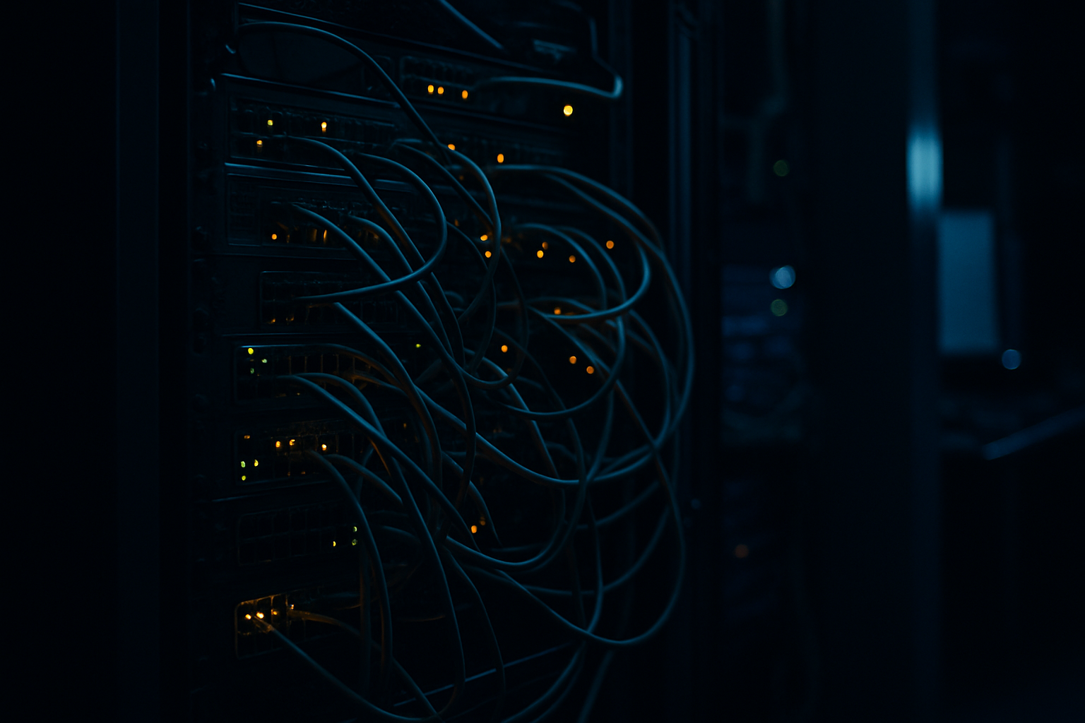 dormant user accounts — Wide shot of a server room or network cabinet with a focus on tangled cables and blinking indicator lights, suggesting complex infrastructure where dormant access points remain hidden among active systems.