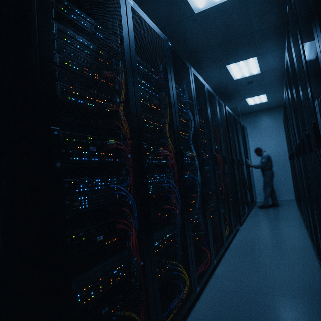 dwell time - Wide shot of a server room or network cabinet with blinking indicator lights and cables, photographed at an angle to convey the passage of time and ongoing hidden activity within infrastructure.