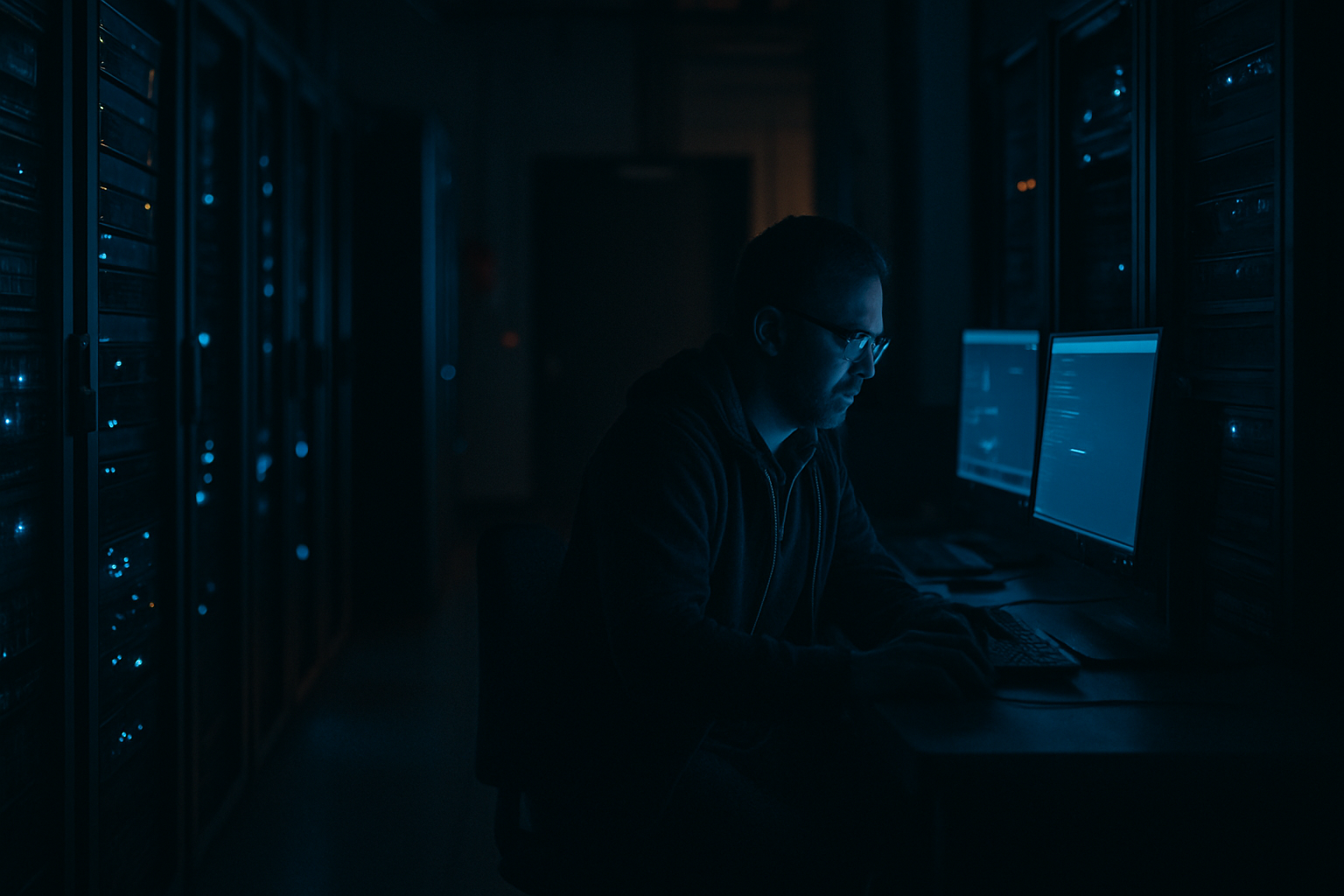 evaluating IT vendors — Wide-angle shot of a server room at night or during off-hours with dim lighting and minimal activity, capturing the reality of after-hours infrastructure management when actual operational quality is tested.