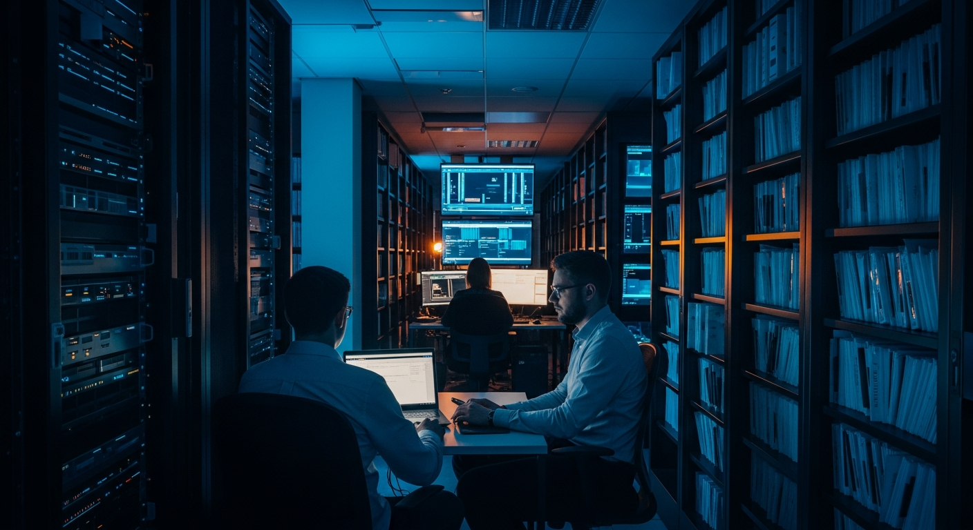 internal AI knowledge retrieval - Wide shot of a server room or data center with organized, labeled file systems and color-coded storage, emphasizing structured information architecture and document governance.