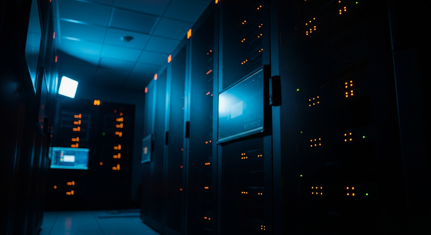 IT services agreement offboarding provisions - Wide shot of a server room or data center with multiple server racks and blinking status lights, photographed from a low angle to convey the scale of infrastructure and administrative access at stake during vendor offboarding.