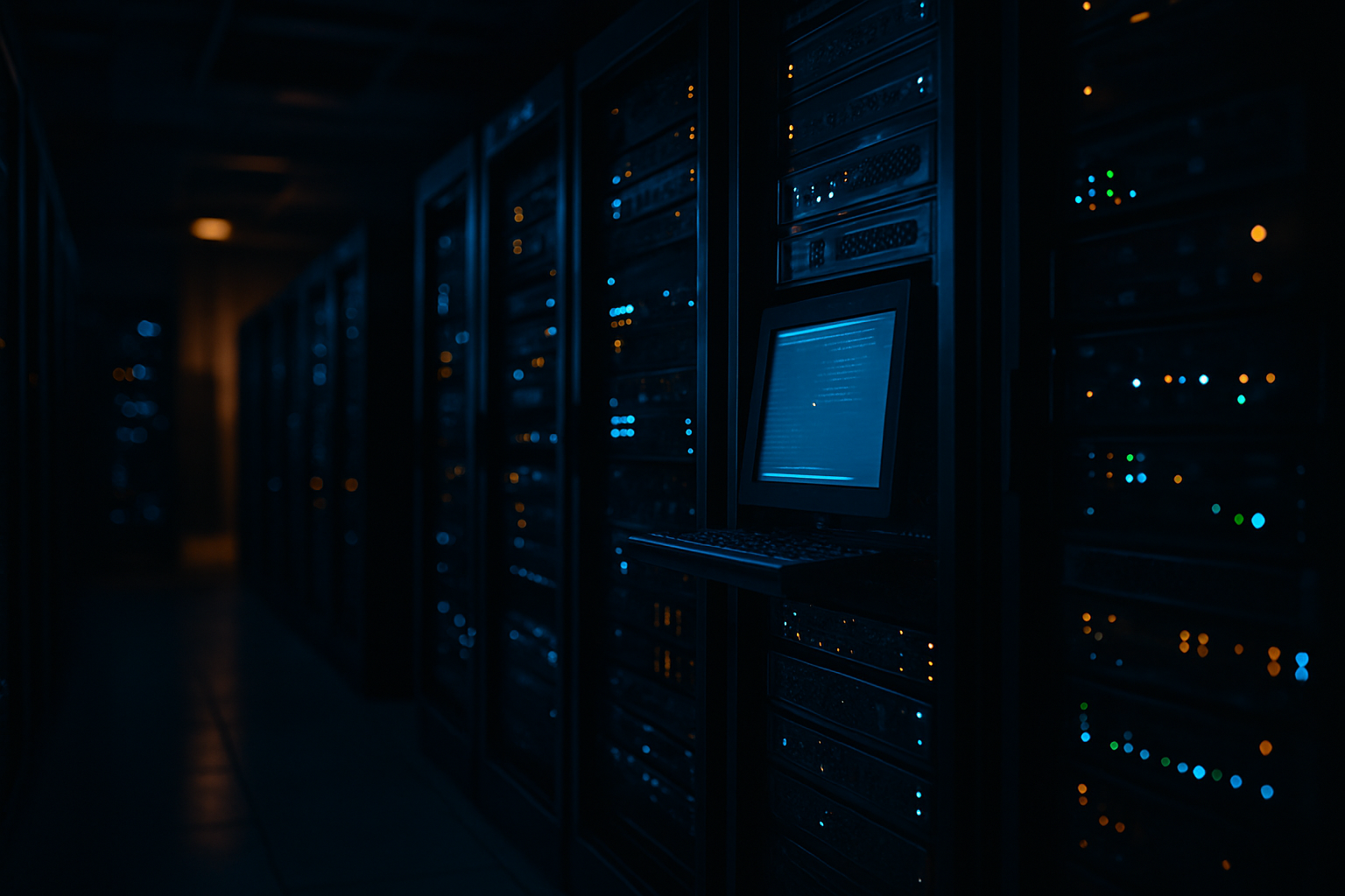 IT SLA response time guarantee — Wide shot of a server room or data center with multiple server racks and blinking status lights, photographed from a low angle to emphasize the scale and complexity of IT infrastructure, with no people visible.