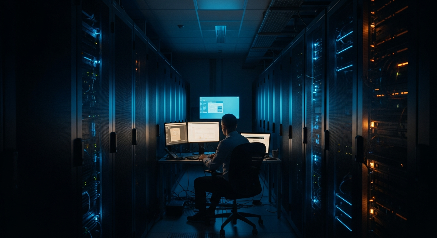 IT vendor evaluation - Wide shot of a server room or data center corridor at night with dim lighting and equipment racks, emphasizing the 2 a.m. crisis scenario and the physical infrastructure that must support 24/7 reliability.