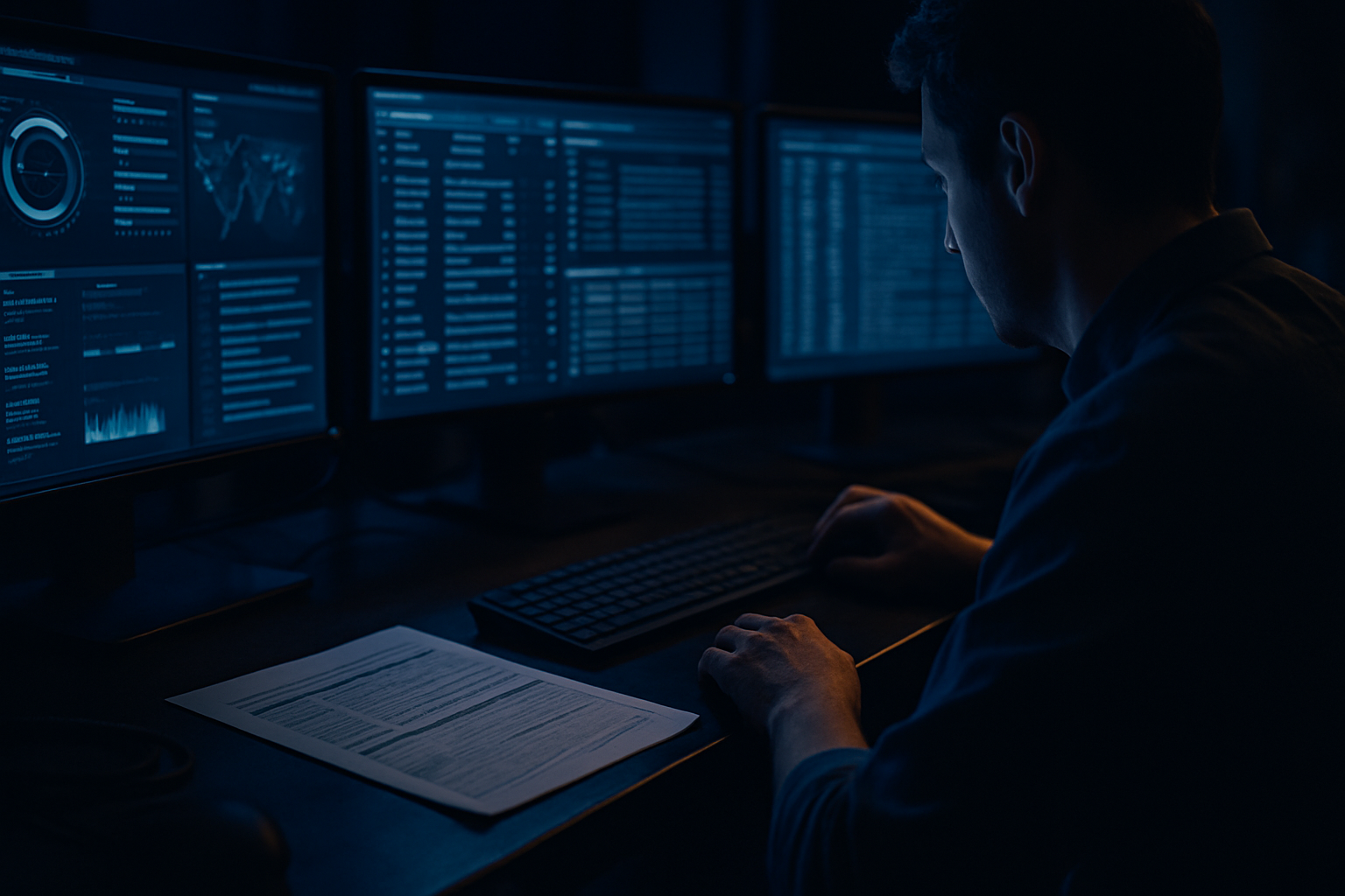 IT vendor onboarding questions — Wide shot of a desk with multiple computer monitors displaying security dashboards, audit logs, or system access reports, showing the documentation and discovery process a vendor should conduct on day one.