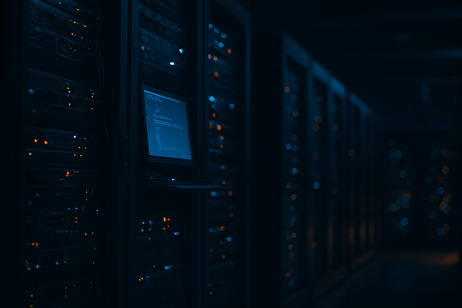 IT vendor security incidents - Wide shot of a server room with multiple racks of equipment and blinking lights, photographed from a low angle to emphasize the scale and complexity of systems that represent a vendor's infrastructure vulnerability.