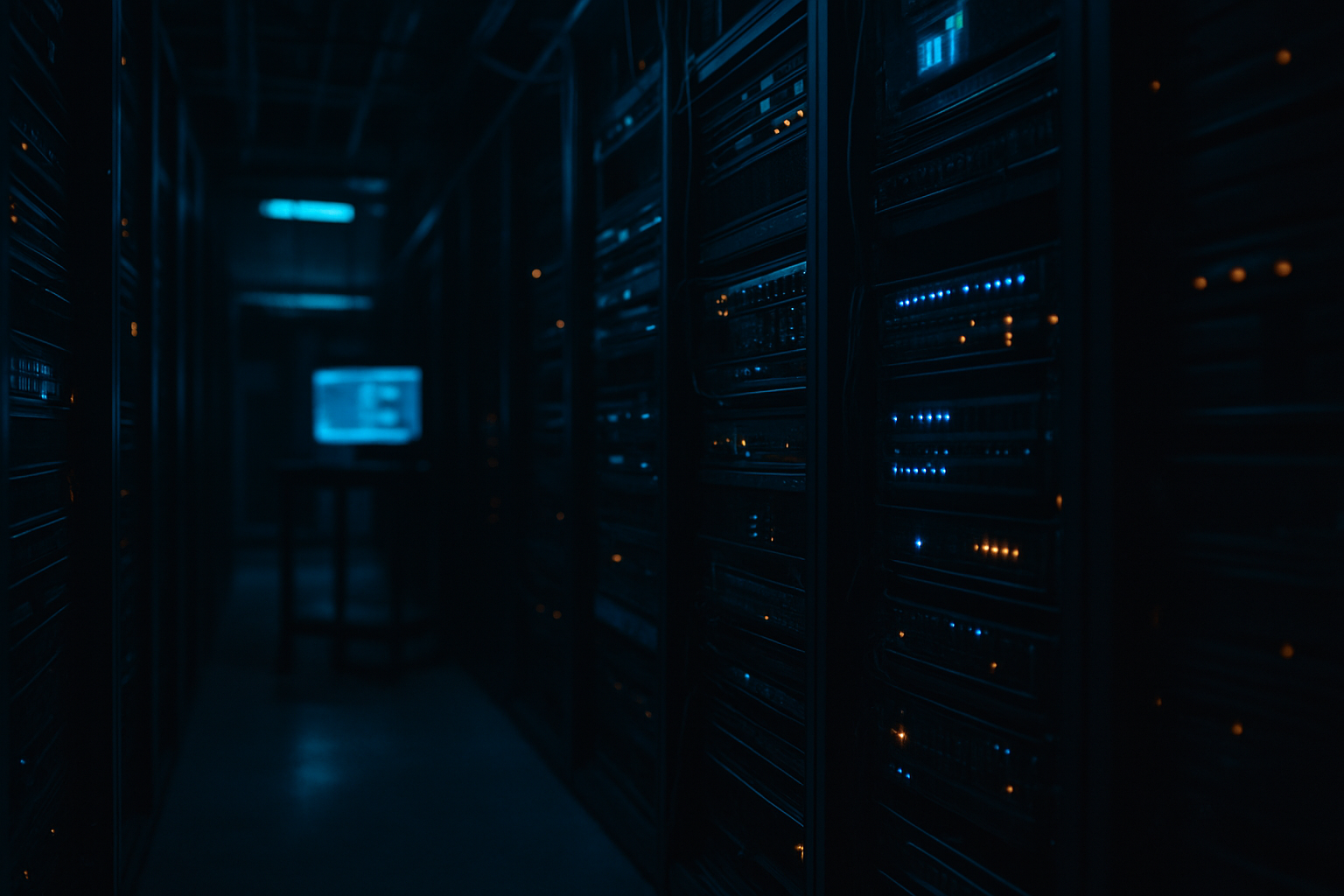 managed file transfer attacks — Wide shot of server room with rows of equipment and blinking lights, photographed at a low angle to emphasize scale and the infrastructure layer where file transfer vulnerabilities exist.