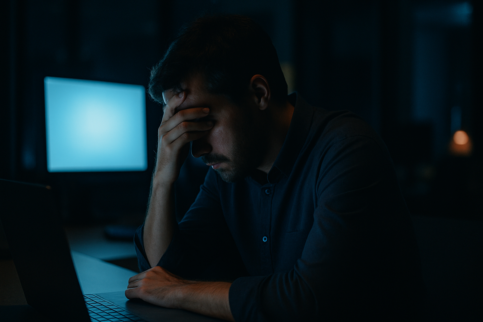 MFA fatigue attacks - Wide shot of a person at a desk in a dimly lit office at night, head in hand looking exhausted while their computer monitor glows in the background, conveying fatigue and decision-making under pressure.