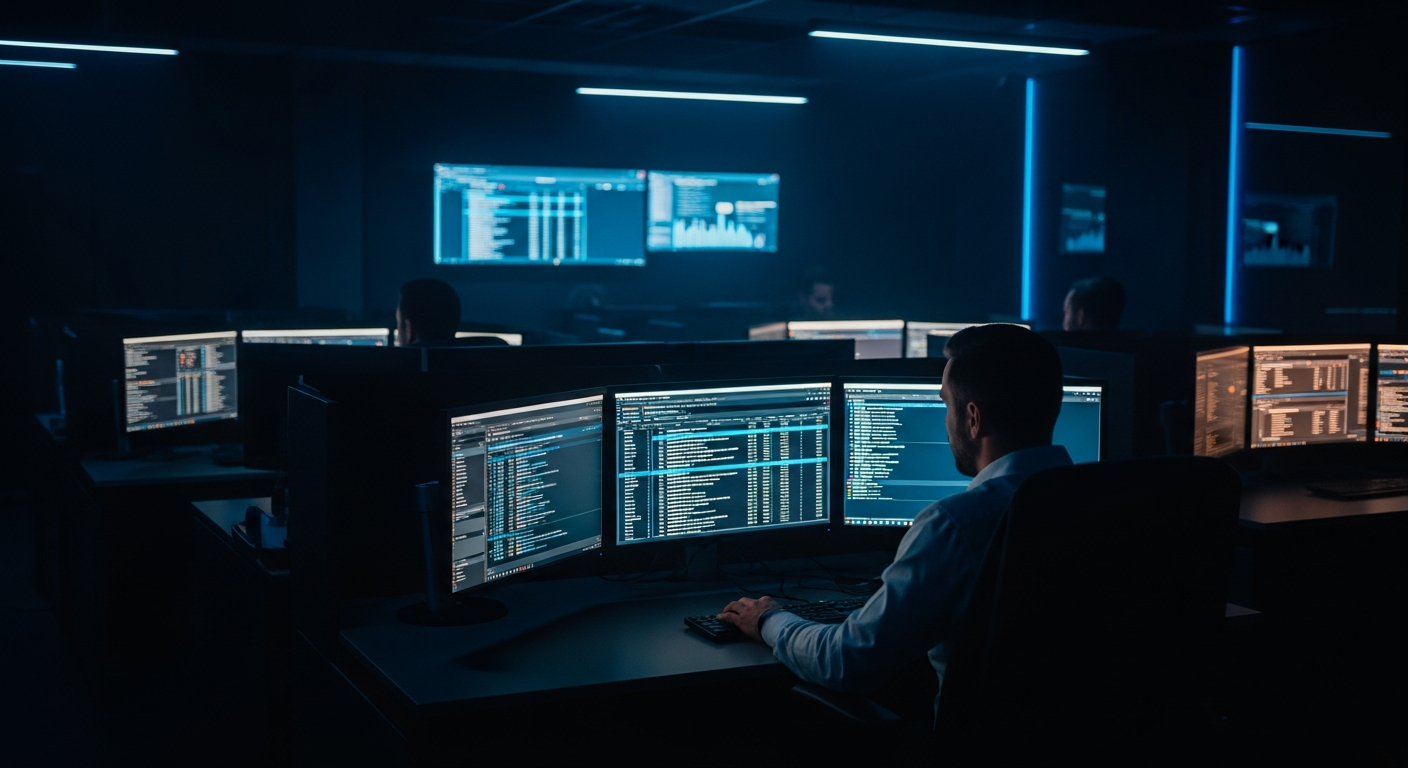 privileged access management - Wide shot of a security operations center with multiple monitors displaying system logs and access audit trails, emphasizing the monitoring and accountability layer of privileged access control.
