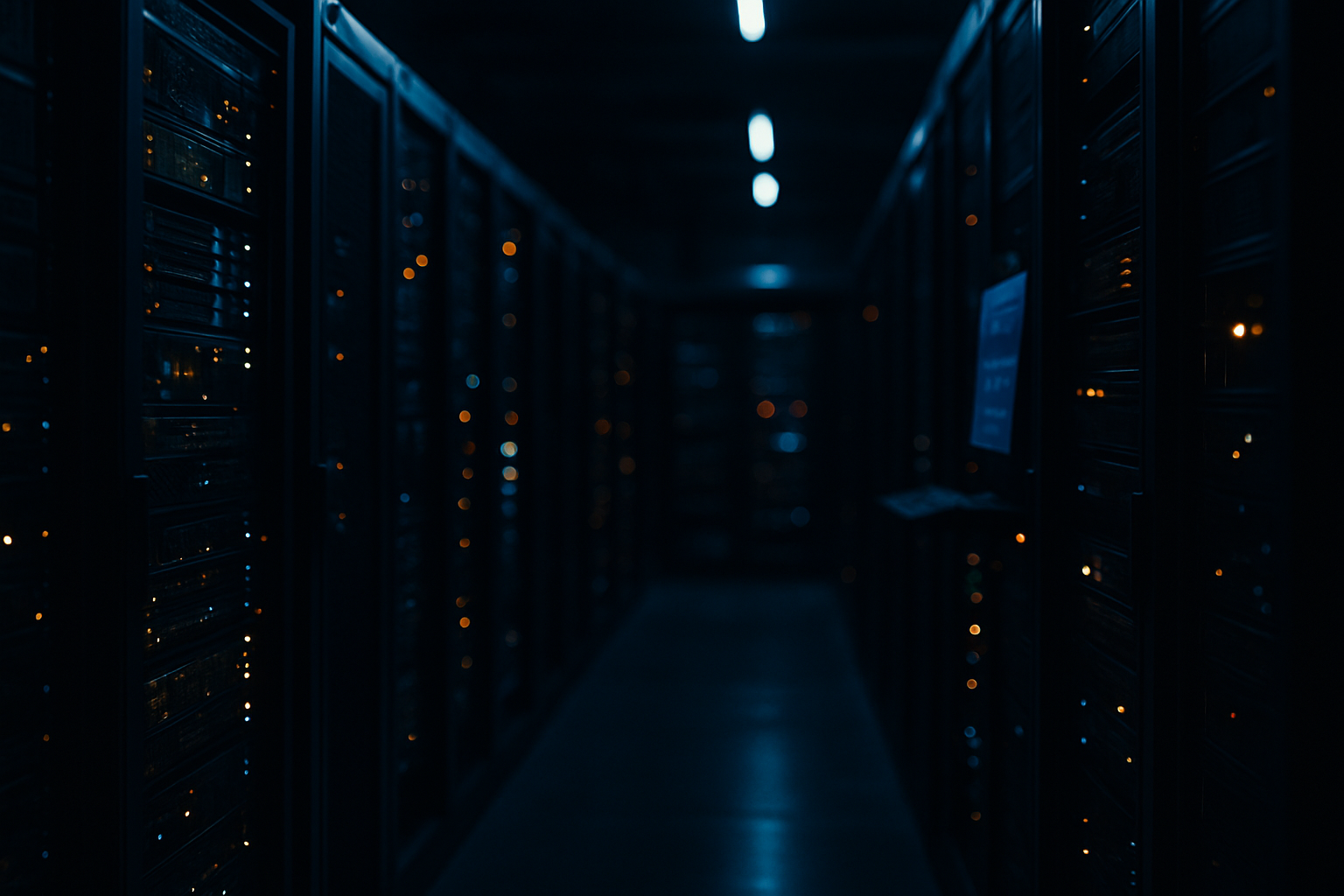 ransomware timing - Wide shot of a server room or data center with rows of server racks and blinking lights, photographed at an angled perspective to convey scale and complexity, with no people visible.