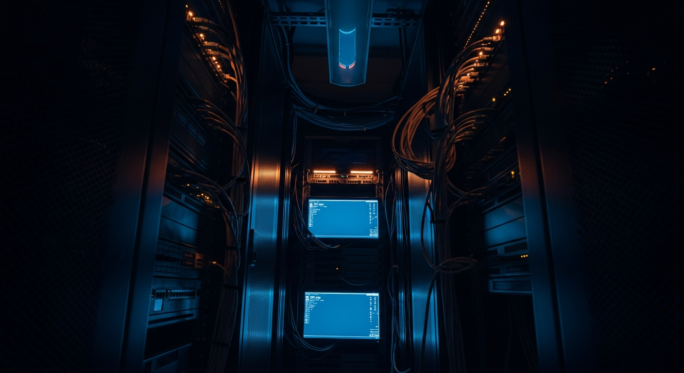 remote monitoring tools - Wide shot of a dimly lit server room with network cables and blinking equipment, photographed from a low angle to convey vulnerability and the hidden persistence of threats within infrastructure.
