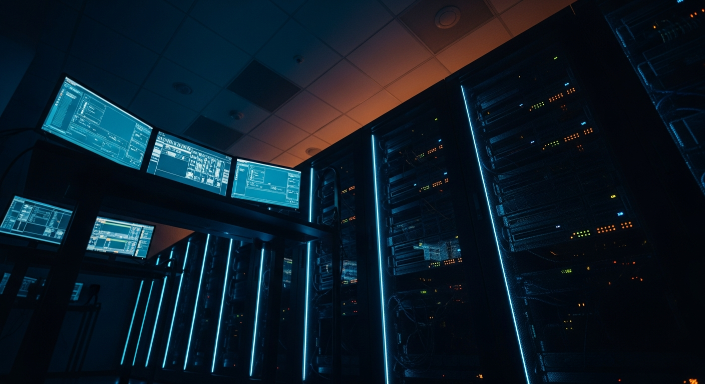 SaaS API integration security - Wide shot of a dimly lit server room with multiple server units and blinking status lights, photographed from a low angle looking upward to emphasize scale and the sense of unmonitored systems operating in the background.