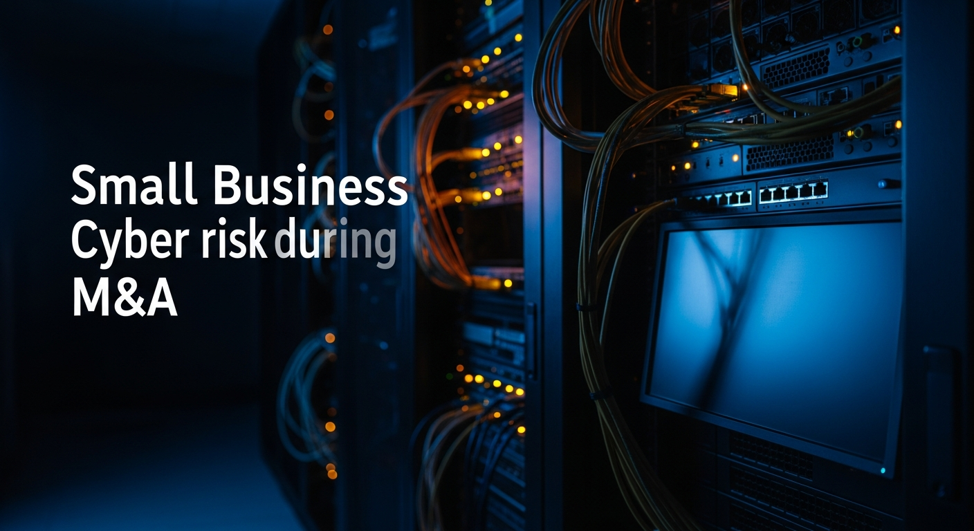 small business cyber risk during M&A — Wide shot of server room equipment with network cables and blinking status lights, photographed at an angled perspective to suggest system vulnerability during the chaos of infrastructure integration.