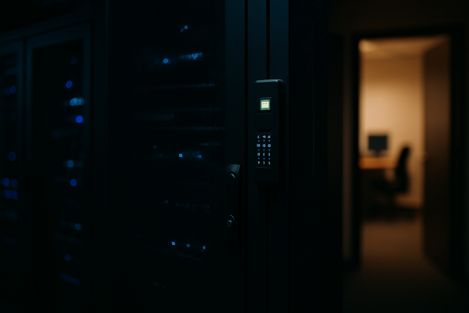 social engineering attacks on IT helpdesks - Wide shot of a server room or network closet with access control panels and locked equipment cabinets, emphasizing physical security barriers contrasted against an open, unguarded office doorway in soft focus.