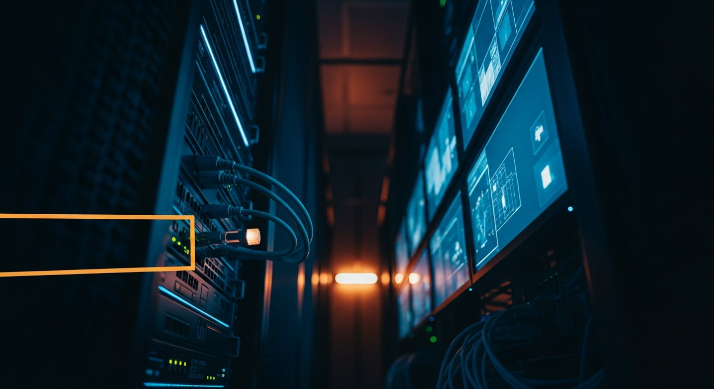 supply chain attacks - Wide shot of a server room or network equipment with a single highlighted access point or cable, showing the internal infrastructure that remains vulnerable after vendor approval, photographed from a low angled perspective.