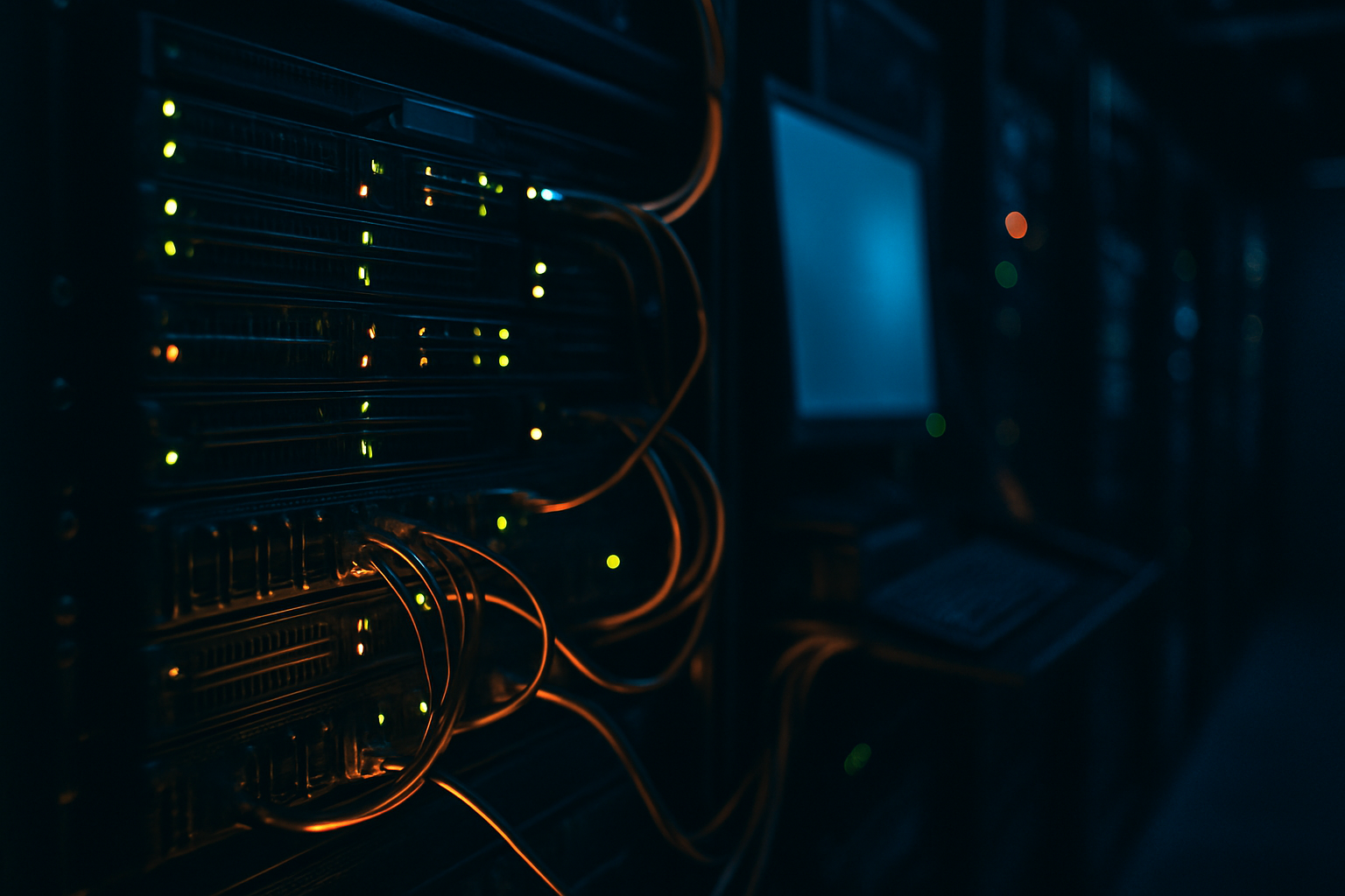 unlimited IT support — Wide-angle shot of a server room or network equipment rack with indicator lights and cables, photographed at an angled perspective to convey complexity and scale.