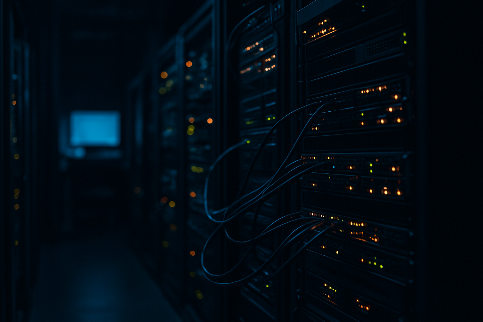 vendor portal attacks - Wide shot of server room racks with glowing indicator lights and network cables, photographed from a low angle to convey the privileged backend infrastructure that attackers gain access to through compromised portals.