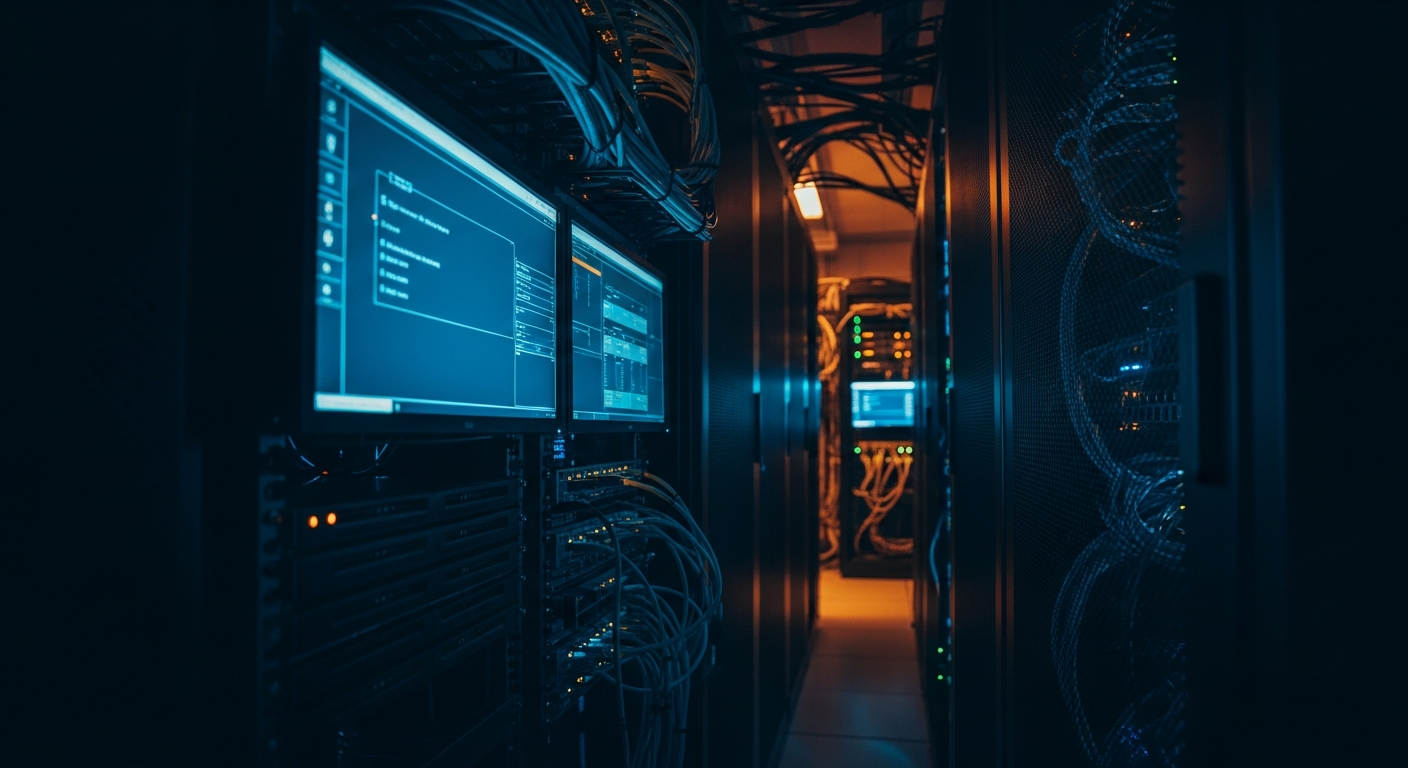 vendor risk monitoring - Wide shot of a server room or data center with glowing network equipment and cables, photographed at an angled perspective to show depth and the interconnected nature of vendor infrastructure dependencies.