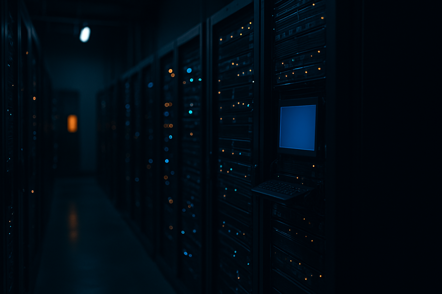 vendor risk scoring — Wide shot of a server room or data center with rows of servers and glowing indicator lights, emphasizing the physical infrastructure that small businesses depend on through third-party vendors.
