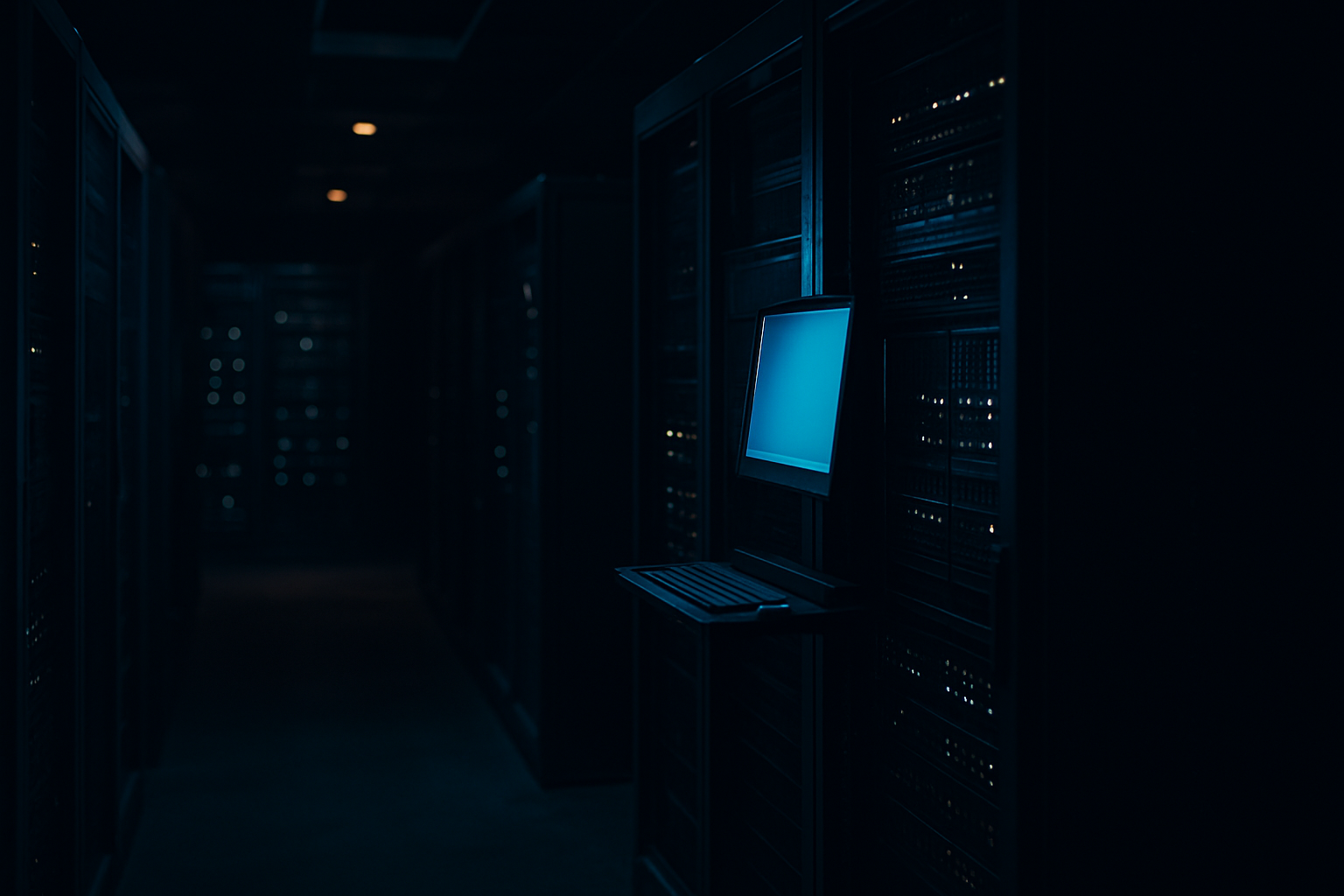 cybersecurity insurance questionnaire - Wide shot of a server room or data center with multiple racks and blinking lights, capturing the technical infrastructure that the questionnaire actually evaluates.