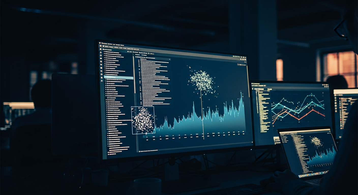 AI inbox intelligence — Abstract wide shot of a computer screen displaying a structured data visualization or dashboard with organized categories, trend lines, and clustered data points emerging from unstructured text, representing AI-processed inbox intelligence.