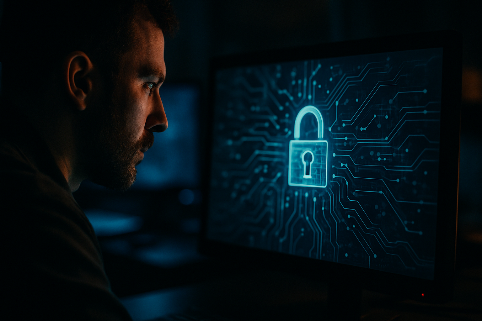 AI security policy drafting - abstract data visualization or digital security concept - geometric patterns, circuit board macro, or encrypted data visualization